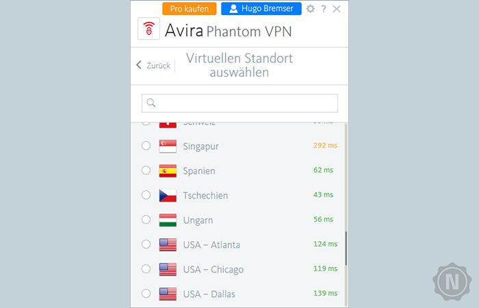 Screenshot von der Serverwahl bei Avira Phantom VPN